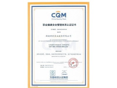 湖南金沙js93252職業健康安全管理體系認證證書